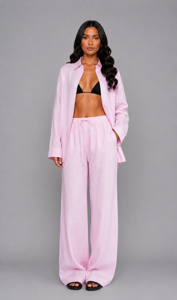 Sofia Cotton Lounge Set with Button-Down Shirt & Wide-Leg Trousers