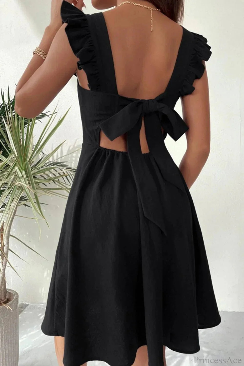 Bianca Ruffled Back-Knot Sleeveless Mini Dress