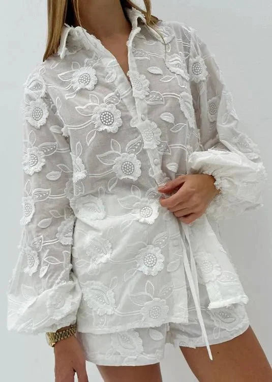 Beatrice Sheer Embroidered Shirt & High-Waisted Shorts Set