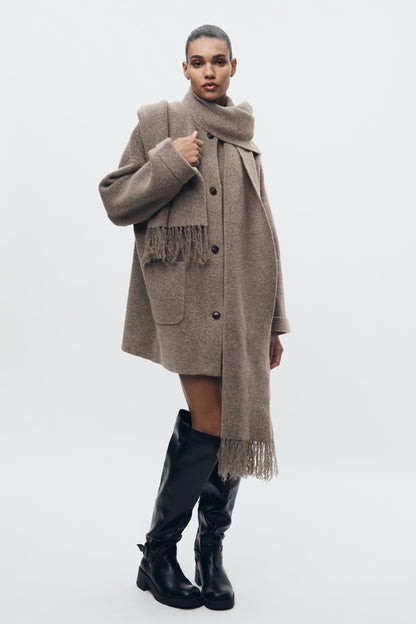 Knitted coat with scarf