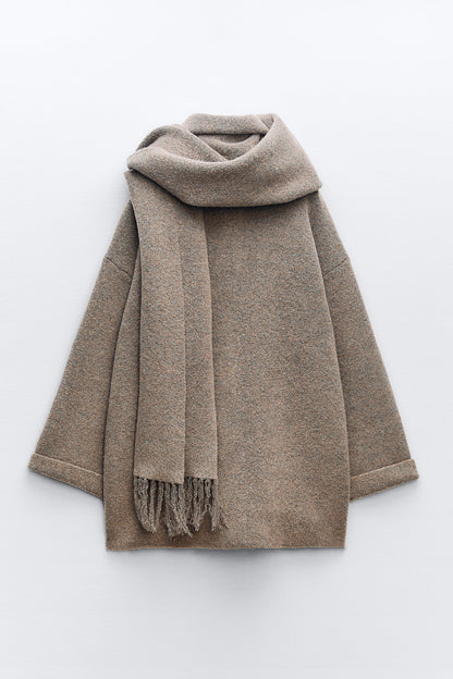 Knitted coat with scarf