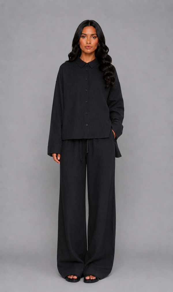 Sofia Cotton Lounge Set with Button-Down Shirt & Wide-Leg Trousers