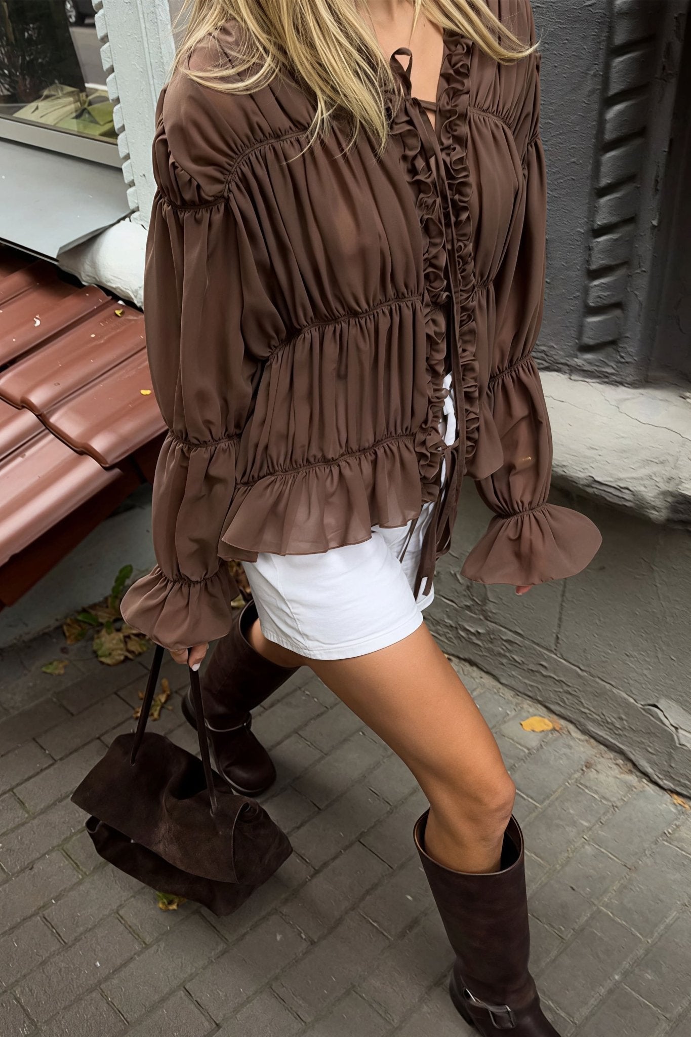 Beatrice Rüschenbluse mit Raffungen und Bindeband