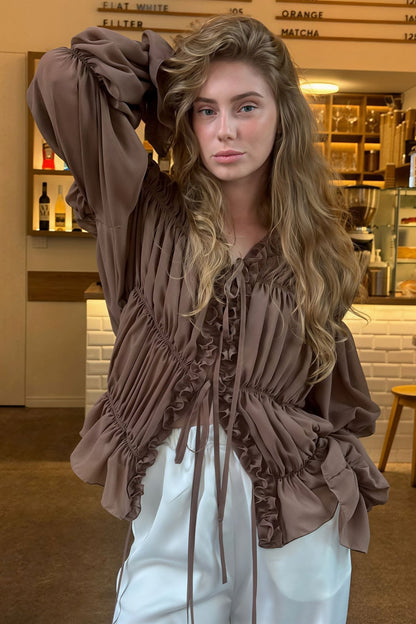Beatrice Rüschenbluse mit Raffungen und Bindeband