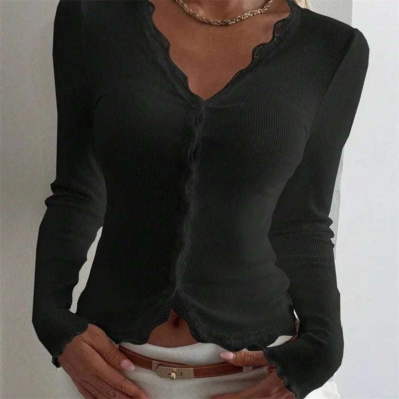 Roxana Rippbluse mit Spitzenbesatz und V-Ausschnitt