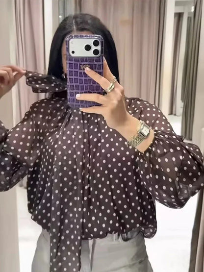 Sofia blouse with high collar and polka dots