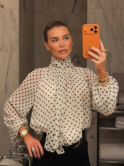 Sofia blouse with high collar and polka dots