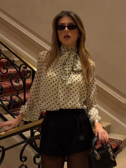 Sofia blouse with high collar and polka dots