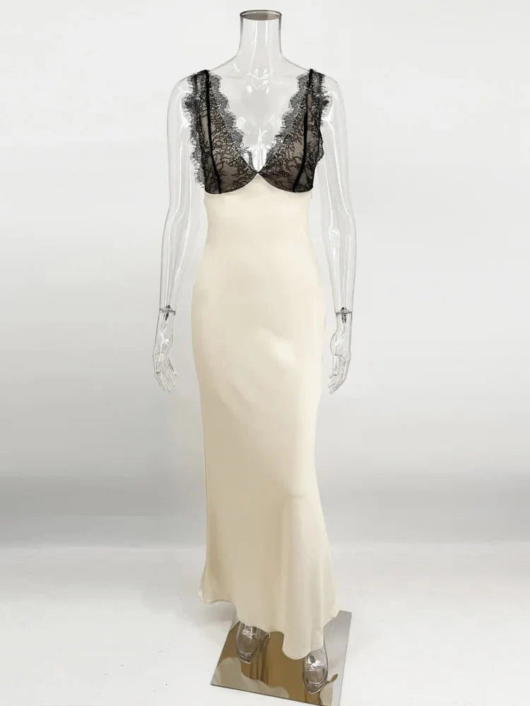 Ambre Spitzen-V-Ausschnitt Patchwork Sommerkleid