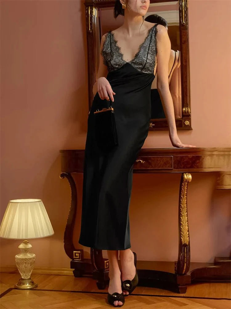 Ambre Spitzen-V-Ausschnitt Patchwork Sommerkleid