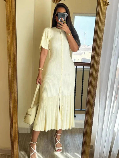 Bianca pleated knit midi dress with trumpet sleeves
