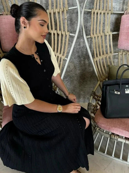 Bianca pleated knit midi dress with trumpet sleeves