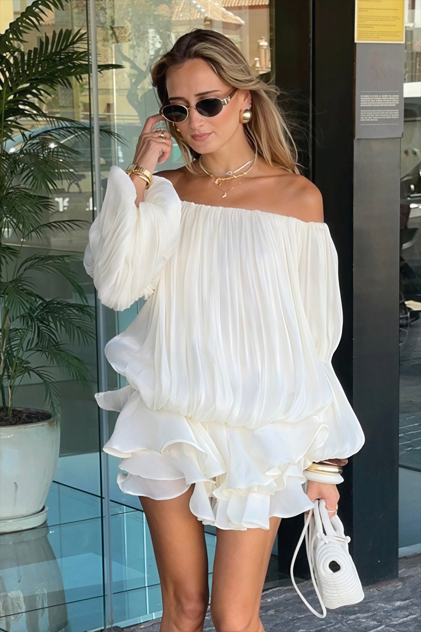 Bianca Off-Shoulder Rüschen Stufen-Minikelid