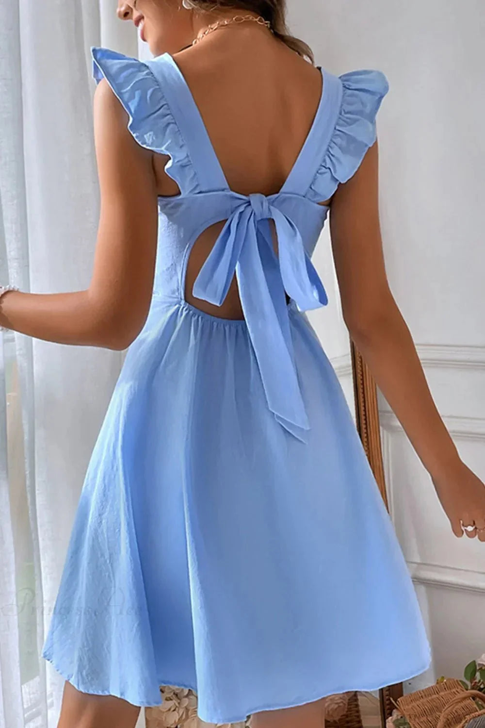 Bianca Ruffled Back-Knot Sleeveless Mini Dress