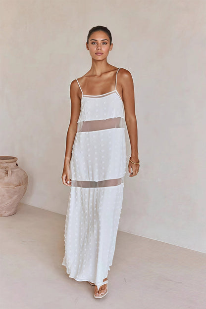 Bianca Kleid mit Textur, Blumendruck und Cut-outs, Spaghettiträger