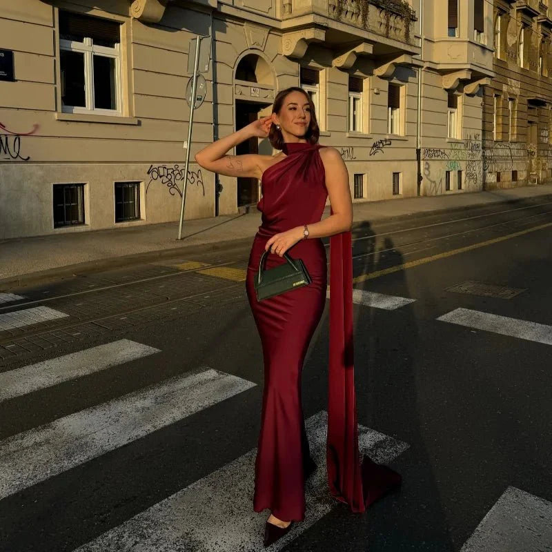 Demetra Satin Halterneck Backless Evening Dress
