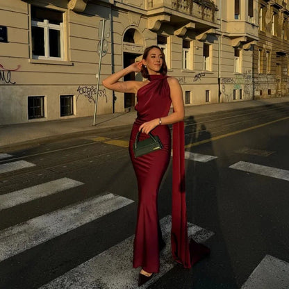 Demetra Satin Halterneck Backless Evening Dress