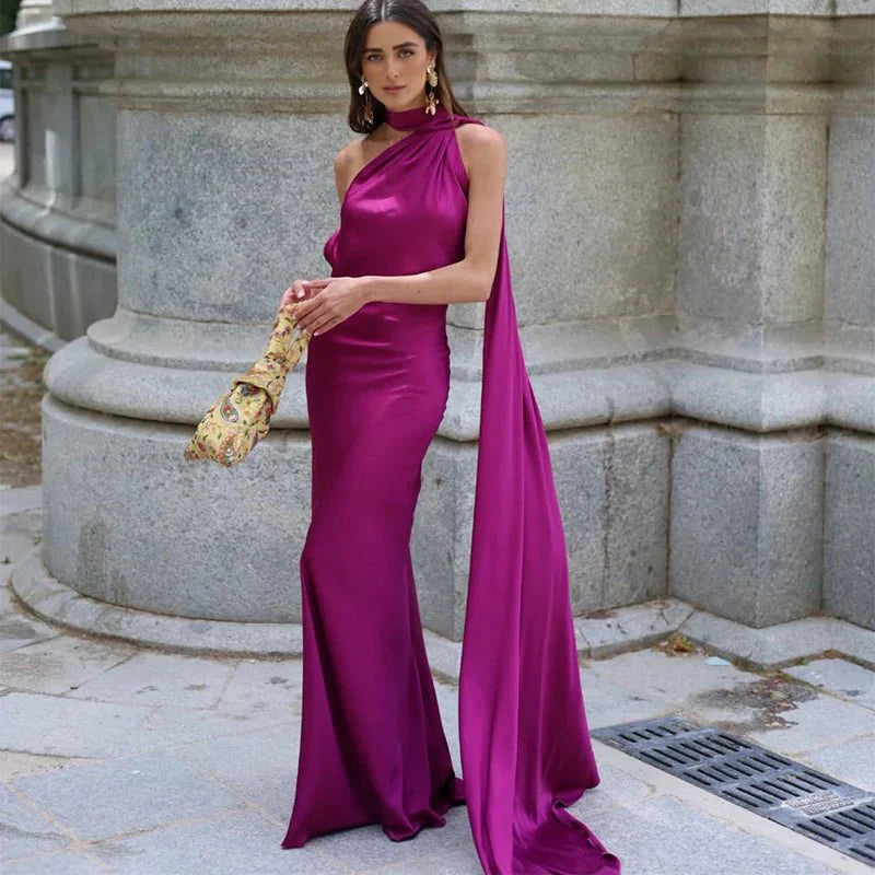 Demetra Satin Halterneck Backless Evening Dress