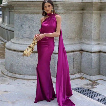 Demetra Satin Halterneck Backless Evening Dress