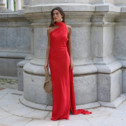 Demetra Satin Halterneck Backless Evening Dress