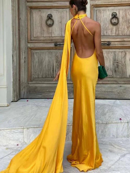 Demetra Satin Halterneck Backless Evening Dress