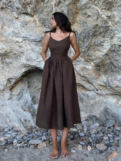 Elisabeta Open-Back Midi Dress with Tie Straps