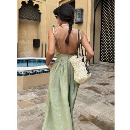 Elisabeta Open-Back Midi Dress with Tie Straps