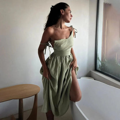 Elisabeta Open-Back Midi Dress with Tie Straps