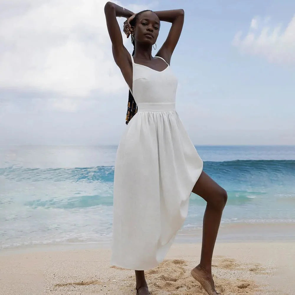 Elisabeta Open-Back Midi Dress with Tie Straps