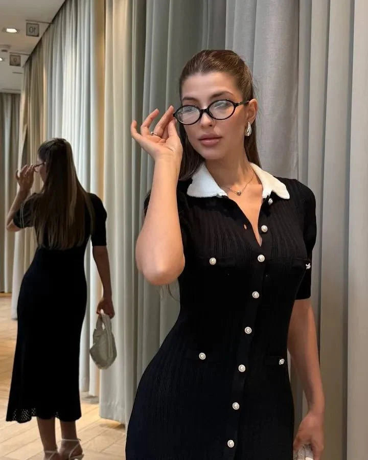 Hannelore French V-neck Knit Dress with Slit