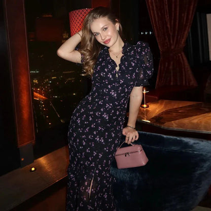 Klea Puff-Sleeve Floral Print Maxi Dress