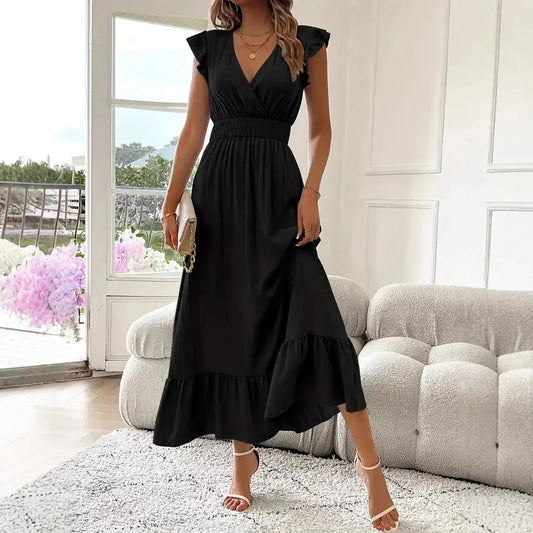 Livia Schwarzes V-Ausschnitt Rüschen Swing-Kleid
