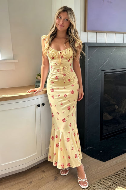 Marigold Floral Spaghetti Strap Midi Dress