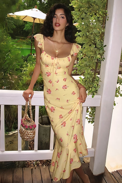 Marigold Floral Spaghetti Strap Midi Dress
