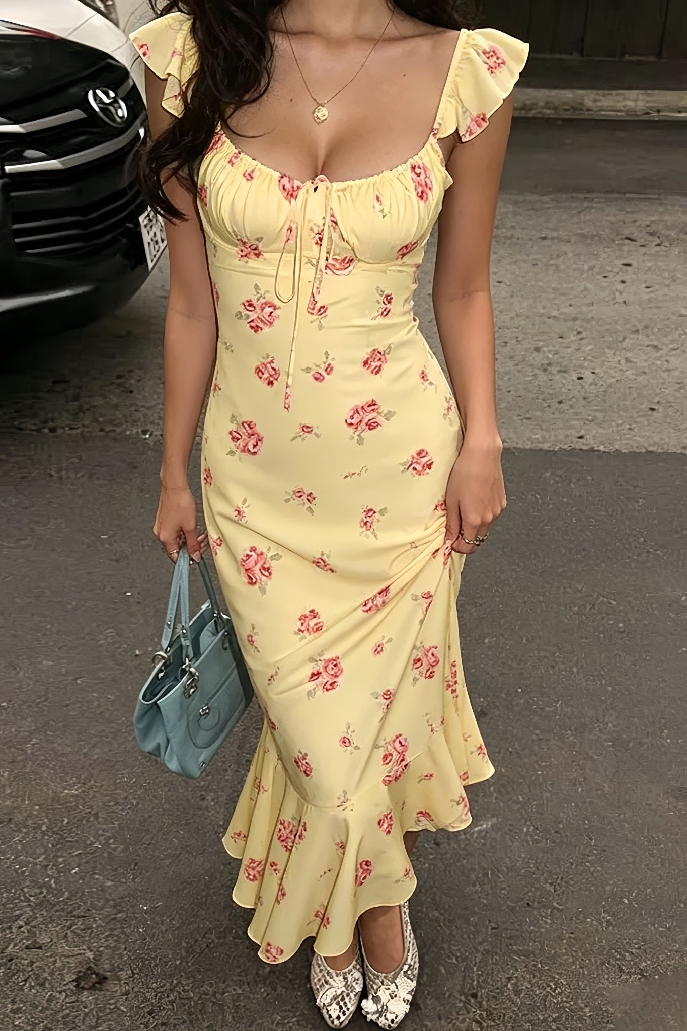 Marigold Floral Spaghetti Strap Midi Dress