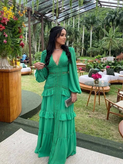 Molly Ruffle Deep V-Neck Maxi Dress