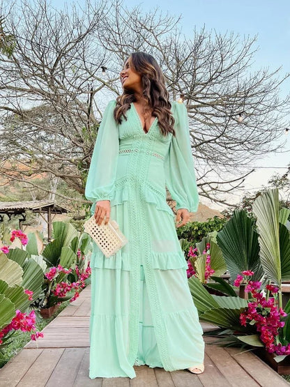 Molly Ruffle Deep V-Neck Maxi Dress