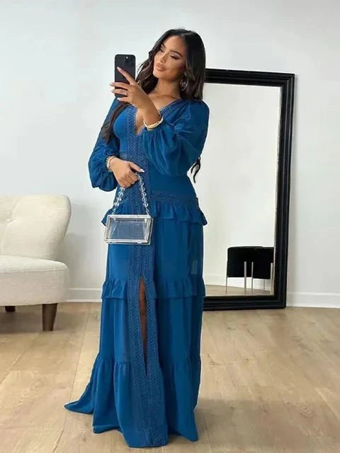 Molly Ruffle Deep V-Neck Maxi Dress