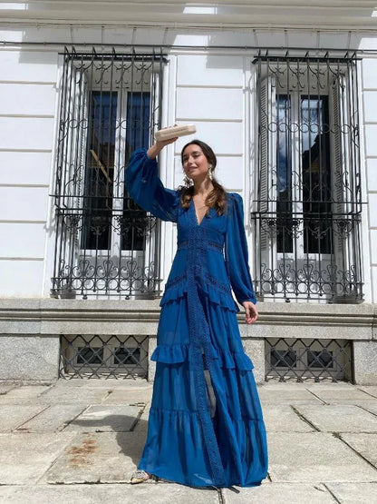 Molly Ruffle Deep V-Neck Maxi Dress