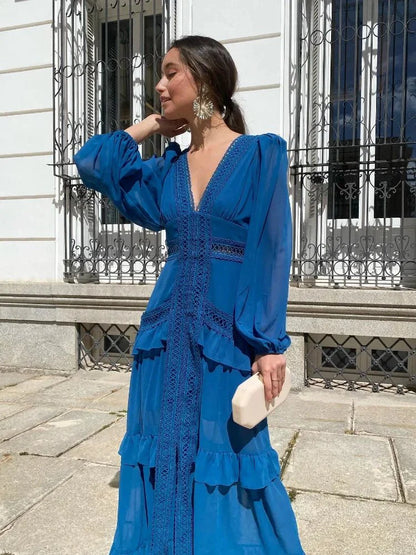 Molly Ruffle Deep V-Neck Maxi Dress