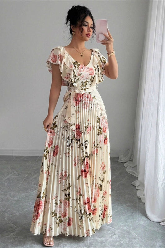 Valentina Maxikleid mit Blumen, V-Ausschnitt und Rüschenärmeln