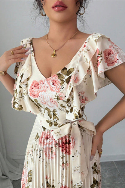 Valentina Maxikleid mit Blumen, V-Ausschnitt und Rüschenärmeln