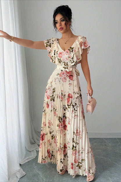 Valentina Maxikleid mit Blumen, V-Ausschnitt und Rüschenärmeln
