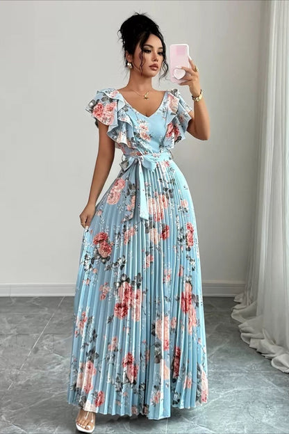 Valentina Maxikleid mit Blumen, V-Ausschnitt und Rüschenärmeln