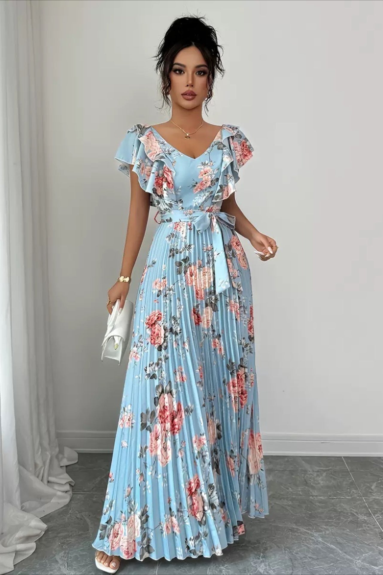 Valentina Maxikleid mit Blumen, V-Ausschnitt und Rüschenärmeln