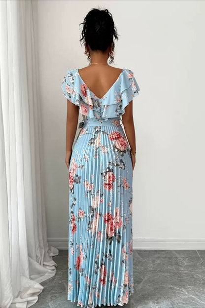 Valentina Maxikleid mit Blumen, V-Ausschnitt und Rüschenärmeln