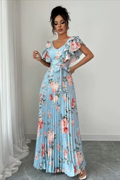 Valentina Maxikleid mit Blumen, V-Ausschnitt und Rüschenärmeln