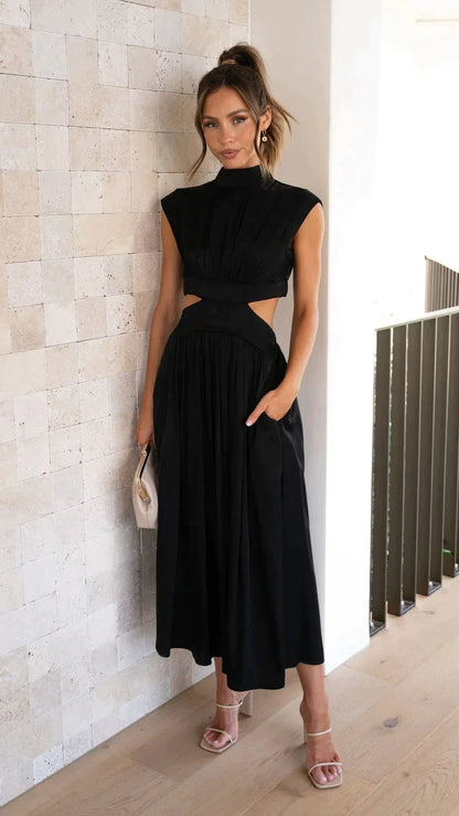 Valentina Midikleid mit hohem Kragen und Taillenausschnitten