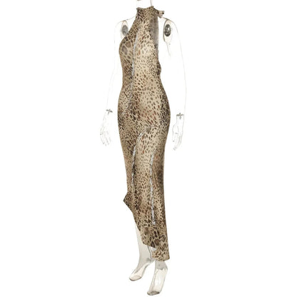 Leopard Print Halter Neck Maxi Dress