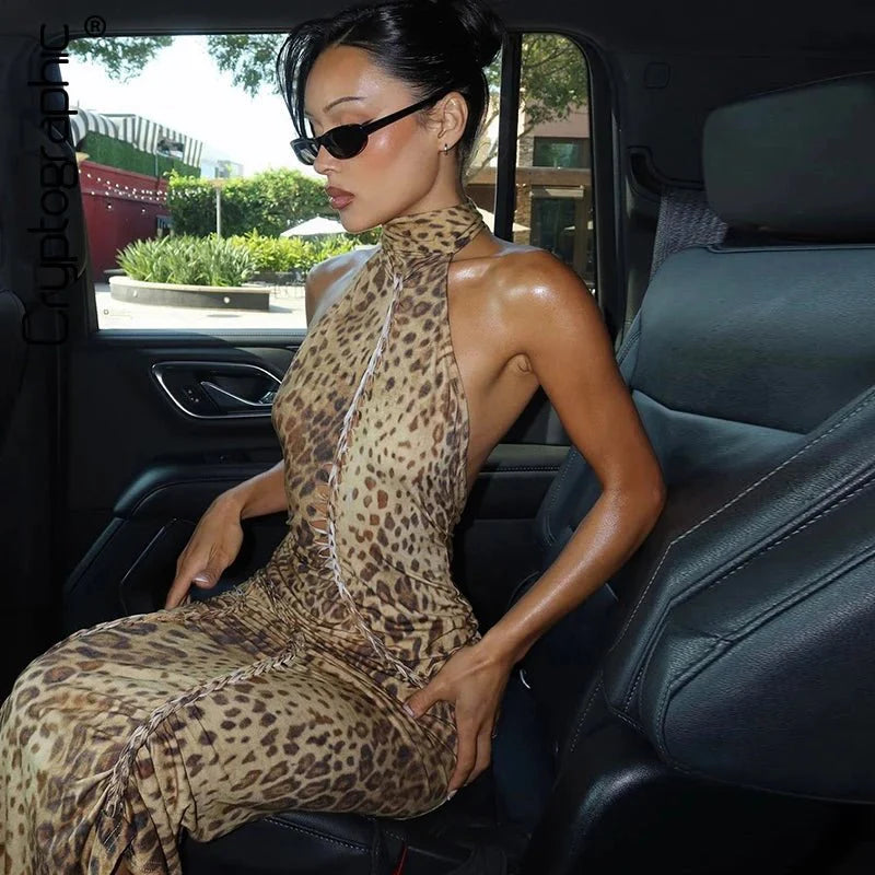 Leopard Print Halter Neck Maxi Dress